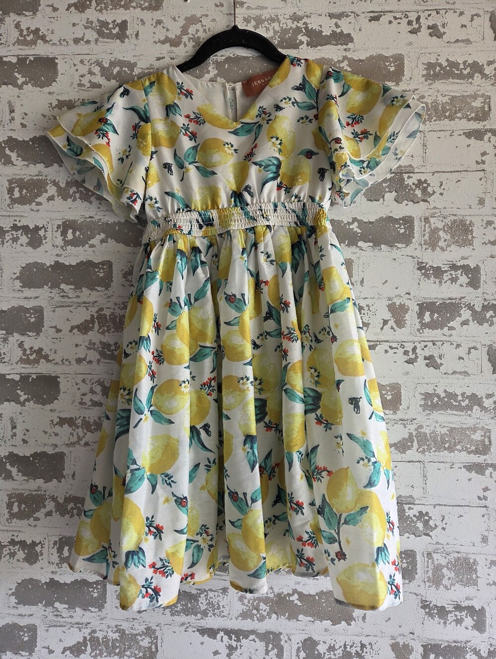 JessaKae Lemon Print Girls Dress Size 8-9Y Flutter Sleeve Smocked Waist